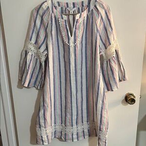 Women’s Crown & Ivy PL Petite 100% Linen Striped Crochet Bell SleeveTunic Dress